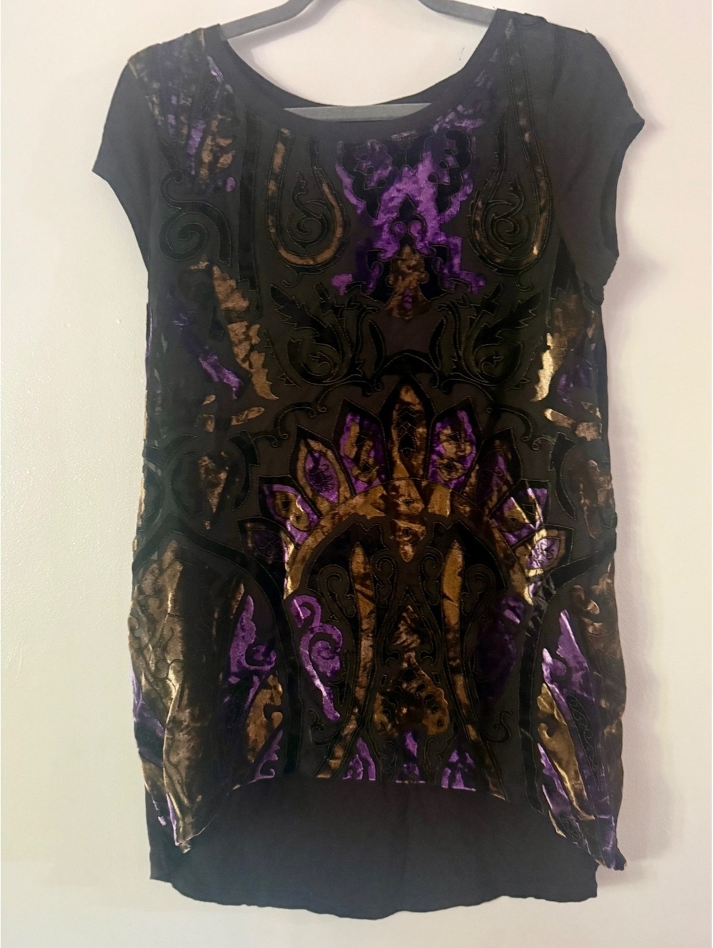 Whimsigothic Burnout Velvet Tunic Top Baroque Metallic Gold Purple Scoop Neck